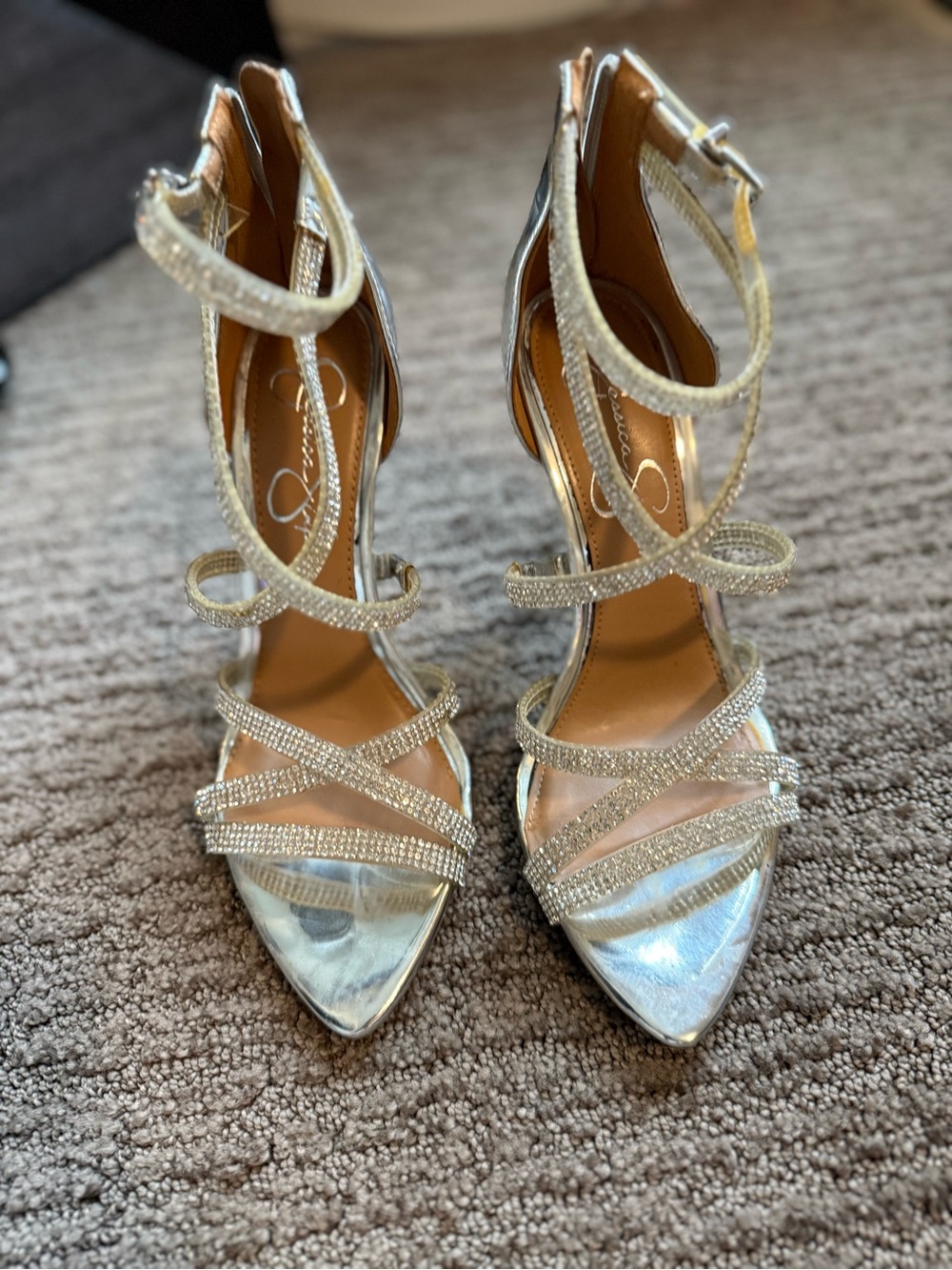 Jessica Simpson Silver Crystal-Strap Stiletto Heels